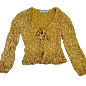 Abercrombie & Fitch Y2K Yellow Floral Bow Tie Long Sleeve Button Blouse Top XS